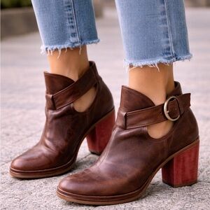 Brown Leather Ankle Boots with Red Suede Leather Heel
